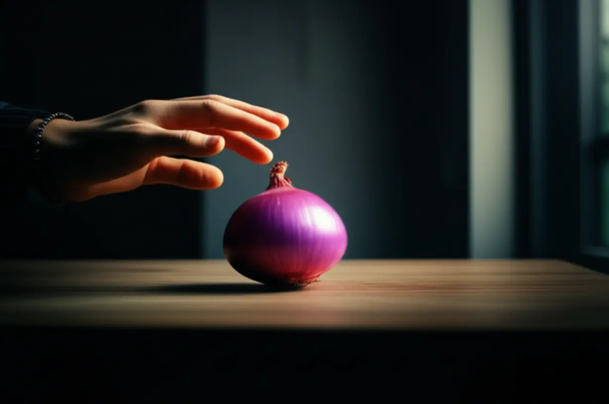 A-hand-discovering-a-glowing-onion,-symbolizing-a-newfound-health-solution.