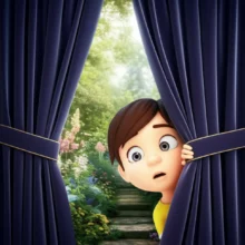 A-curious-person-peeking-behind-a-curtain,-revealing-a-hidden-peaceful-garden,-symbolizing-the-discovery-of-a-deeper-truth-behind-chronic-tongue-pain.