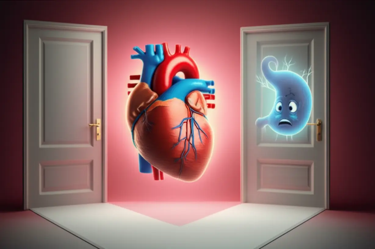 A-3D-illustration-showing-two-distinct-paths,-one-leading-to-a-healthy-heart-and-the-other-to-a-stomach,-representing-the-differentiation-of-symptoms.