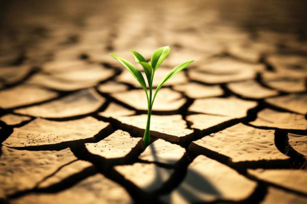 Cracked-earth-with-a-struggling-plant,-representing-skin-dehydration-and-itchiness.