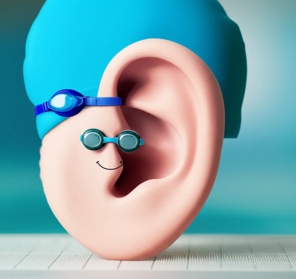 A-cartoon-ear-wearing-swimming-goggles-and-a-cap,-symbolizing-ear-protection.