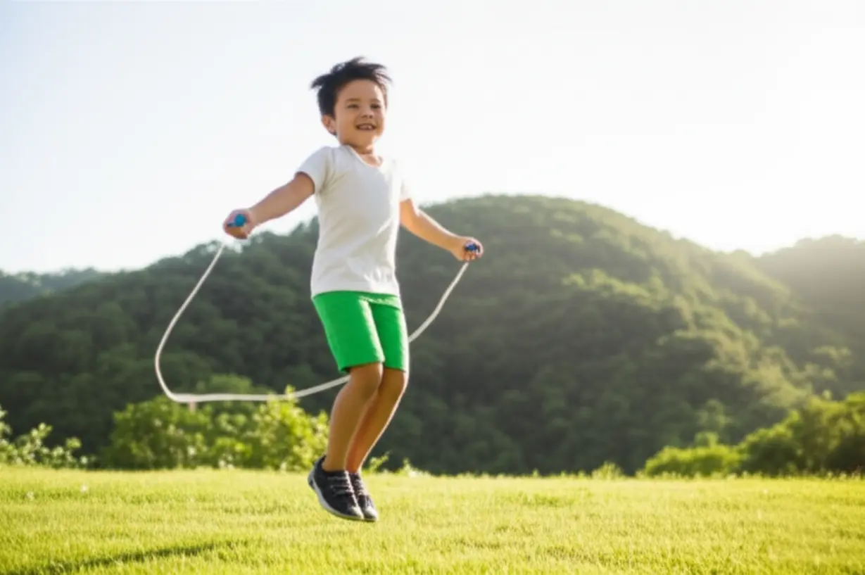 밝은-햇살과-푸른-언덕을-배경으로-야외에서-즐겁게-줄넘기를-하는-활기찬-아이의-귀여운-3D-이미지