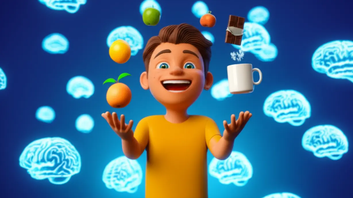 활기찬-사람이-과일,-커피,-초콜릿을-들고-뇌가-활성화되는-듯한-밝은-빛에-둘러싸인-모습