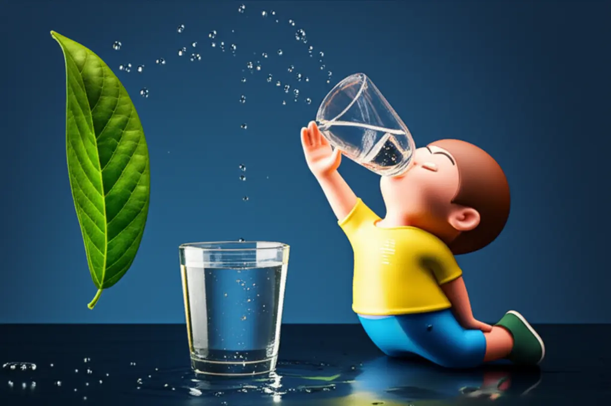 물을-마시고-활기차게-스트레칭하는-귀여운-캐릭터,-물방울과-초록-잎이-상쾌함을-더함