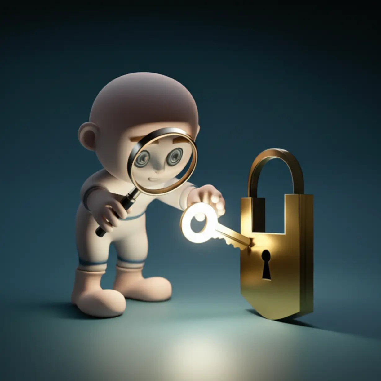 확대경을-들고-자물쇠에-완벽하게-맞는-빛나는-열쇠를-들여다보는-사람의-모습,-문제의-원인을-발견하는-것을-상징.