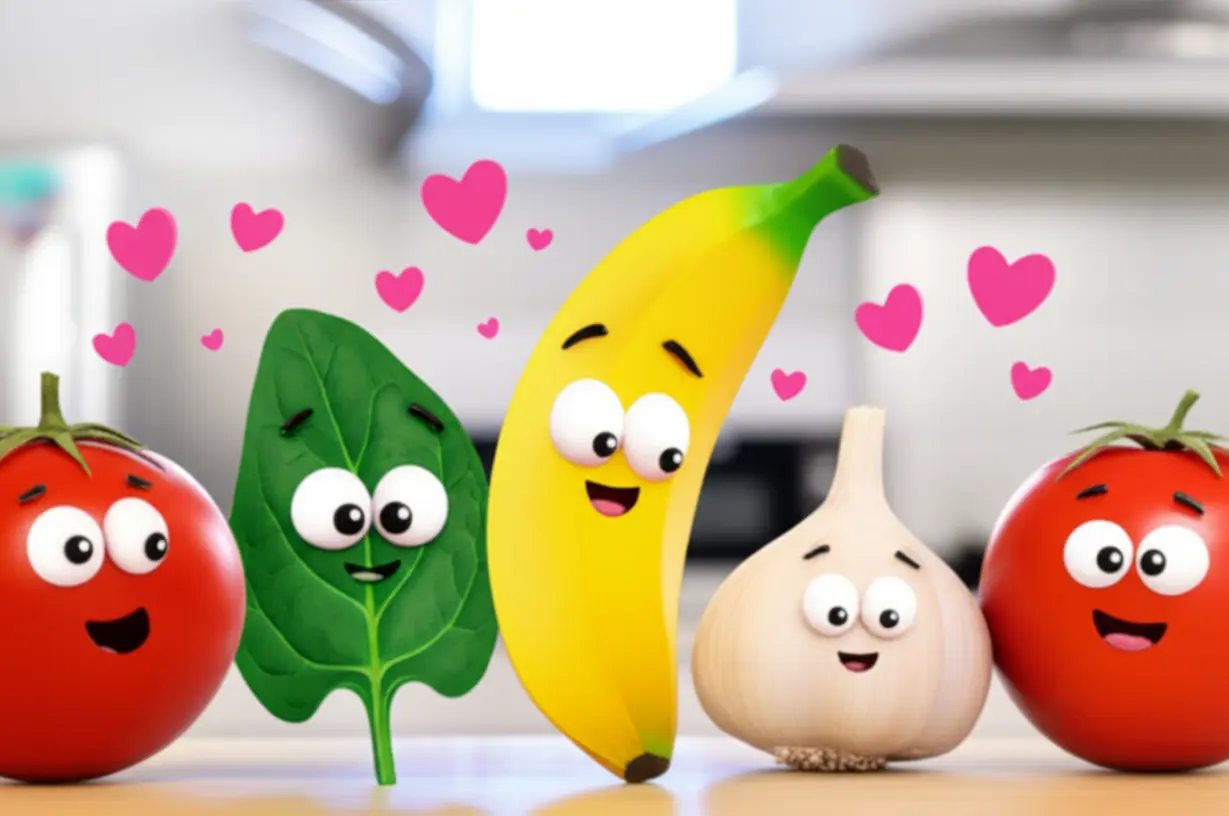 바나나,-시금치,-토마토,-귀리,-마늘-캐릭터들이-나란히-서서-건강함을-뽐내는-모습