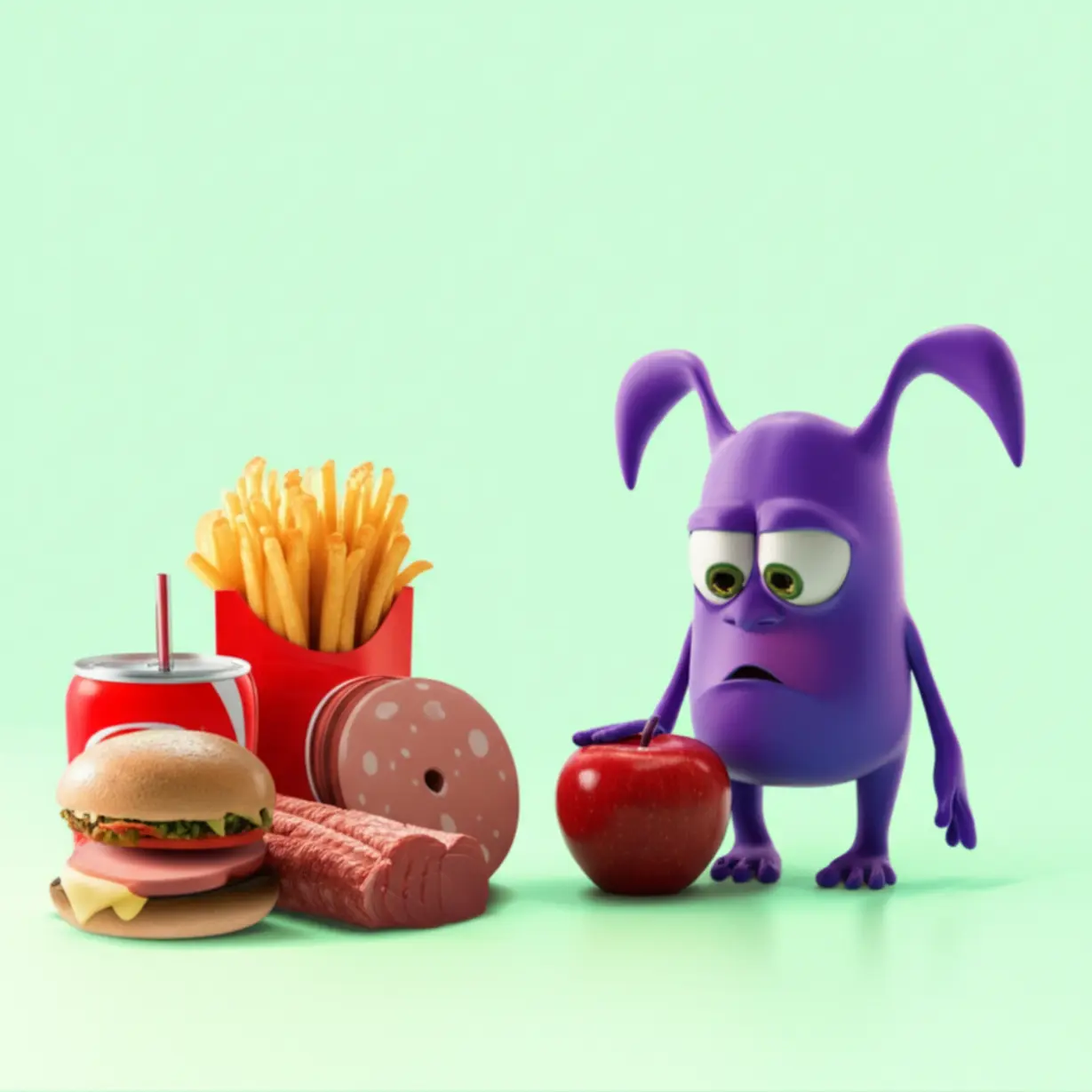 귀여운-괴물-캐릭터가-건강에-안-좋은-간식-더미를-아쉬워하며-사과를-선택하는-모습