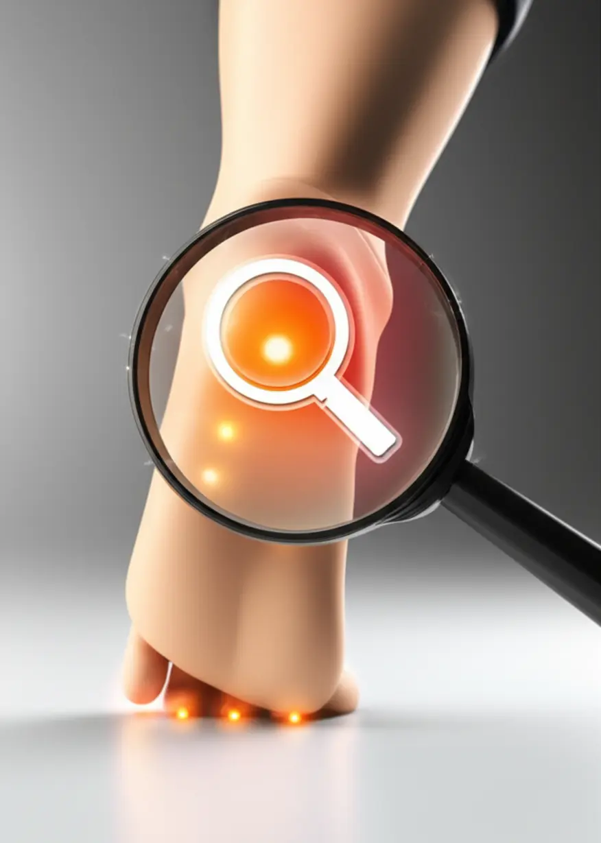 주의-깊은-자기-검사와-이해를-상징하는,-빛나는-통증-지점이-있는-발과-돋보기-아이콘의-귀여운-3D-이미지