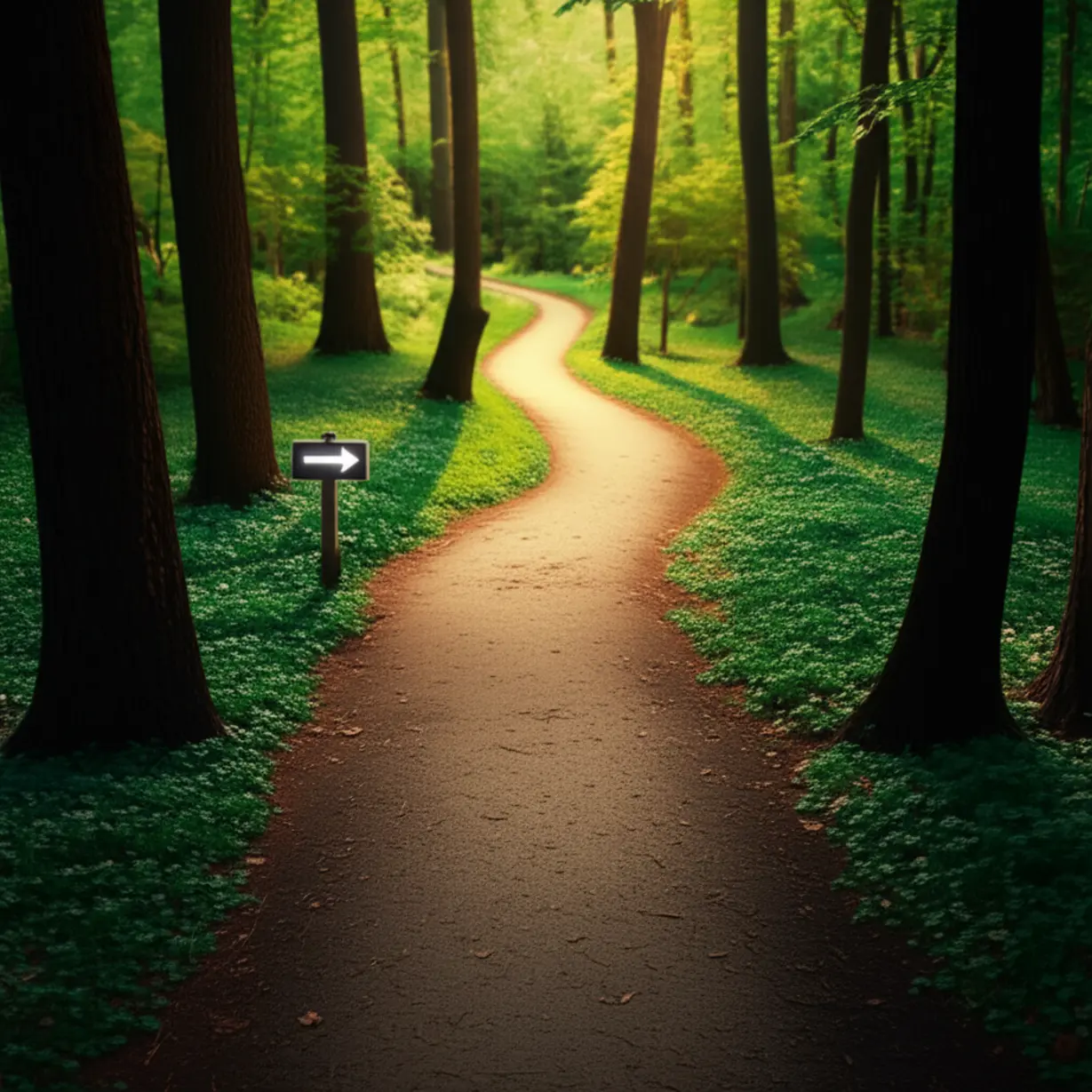 어둡고-구불구불한-길과-밝고-선명한-길로-나뉘는-갈림길에서-밝은-길을-가리키는-빛나는-표지판