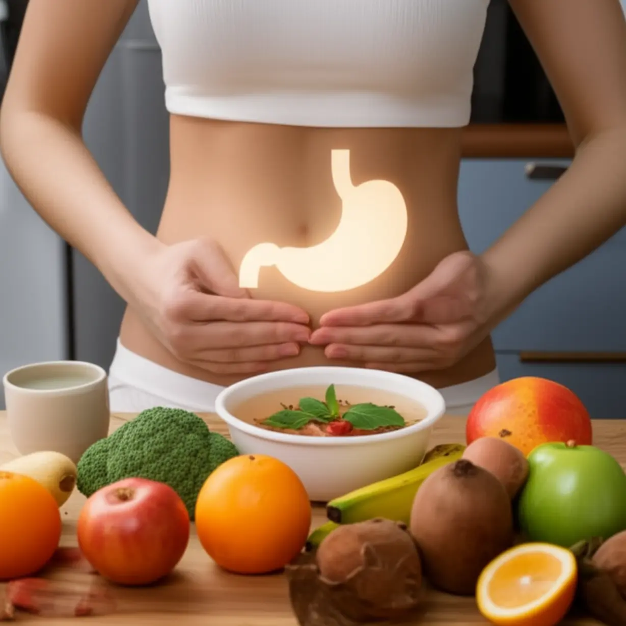 따뜻하고-건강한-음식에-둘러싸여-편안하게-빛나는-위장,-명치-통증-완화를-상징