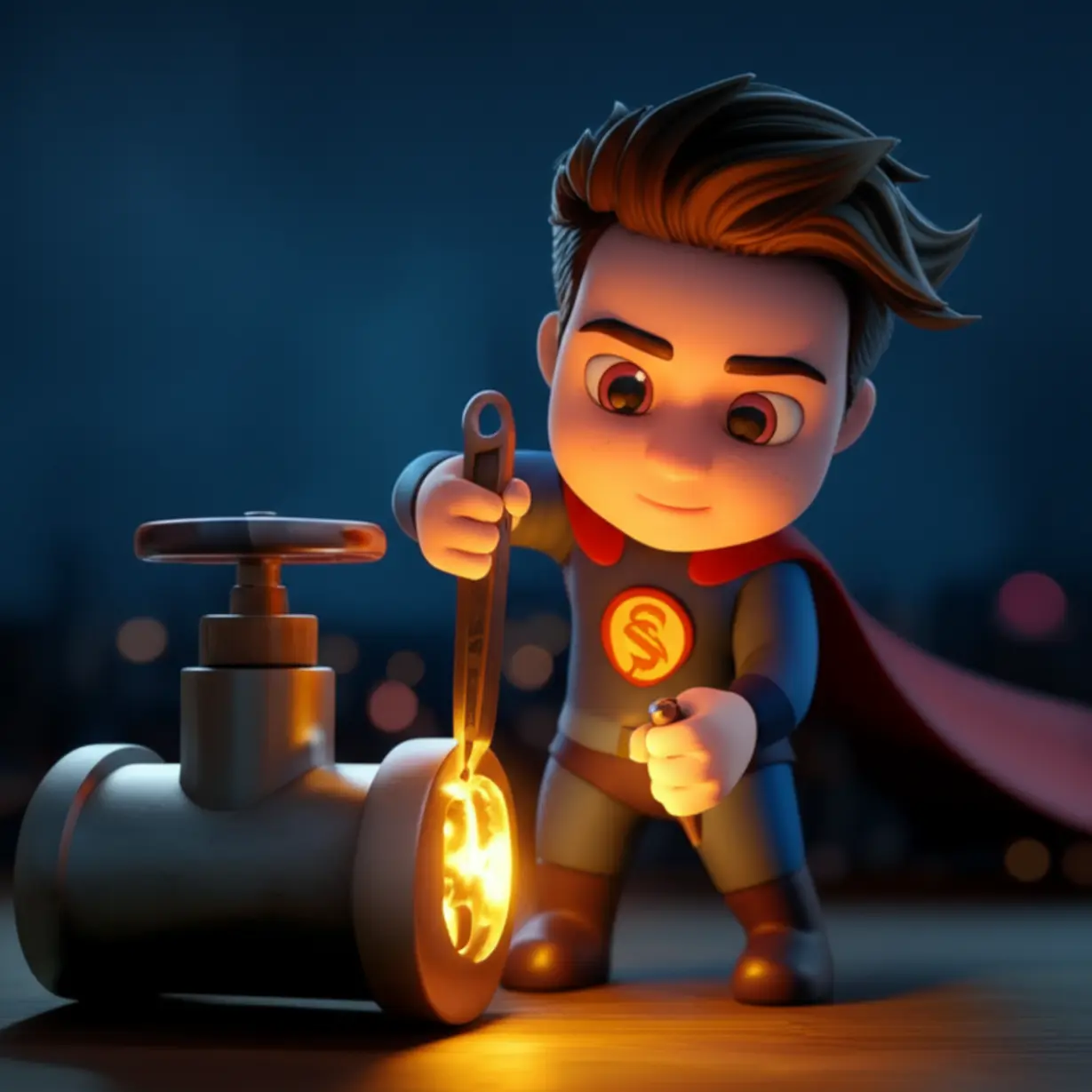 A-superhero-character-fixing-a-pipe-with-a-golden-glow,-signifying-fast-recovery.