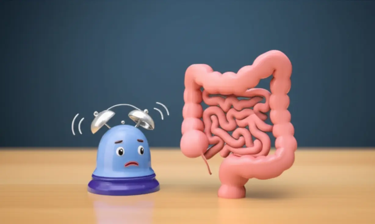 A-cute-3D-rendering-of-an-alarm-bell-next-to-a-distressed-intestine,-symbolizing-an-urgent-health-warning.