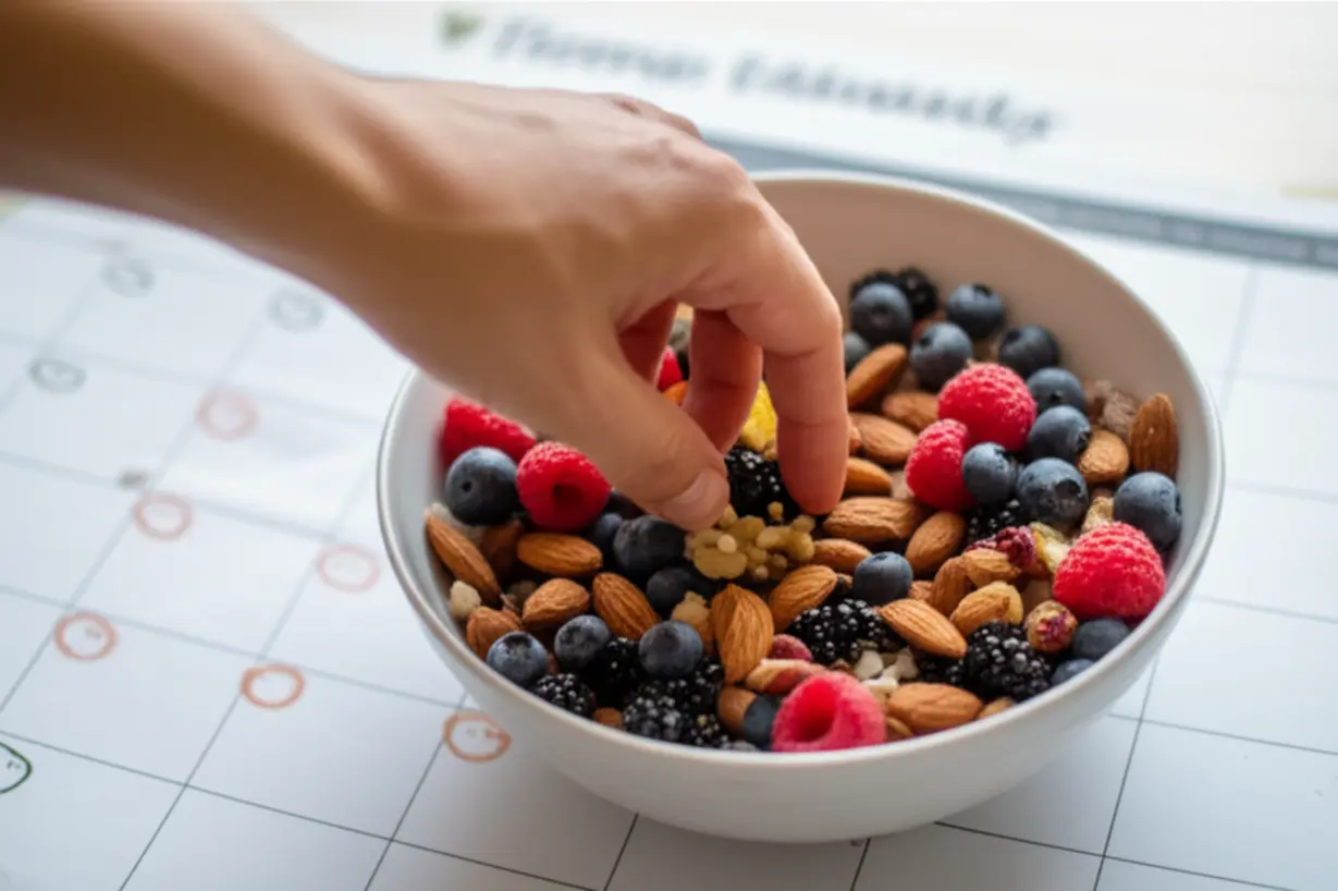 손이-견과류와-베리가-담긴-건강한-스낵-볼을-향해-뻗어-있고,-뒤에는-꾸준한-습관이-표시된-달력이-있는-모습