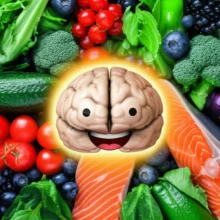 건강하게-빛나는-뇌-캐릭터가-신선한-채소와-과일,-생선에-둘러싸여-행복해하는-모습