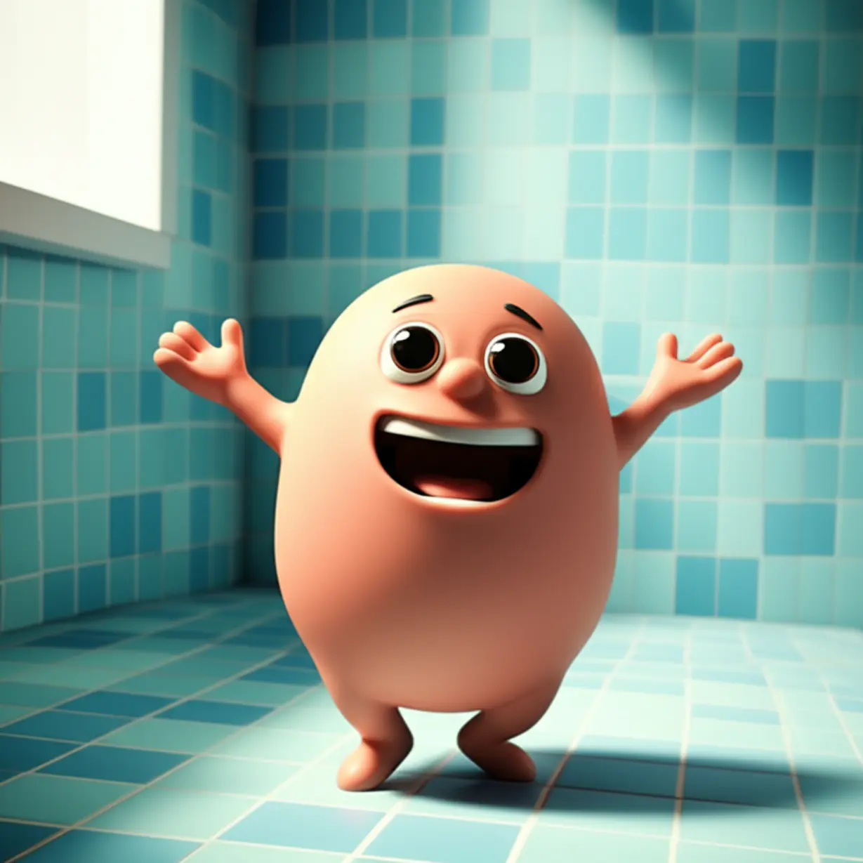 A-cheerful-3D-cartoon-character-stretching-with-a-relaxed-expression-in-a-clean,-bright-bathroom,-symbolizing-relief-and-good-health.