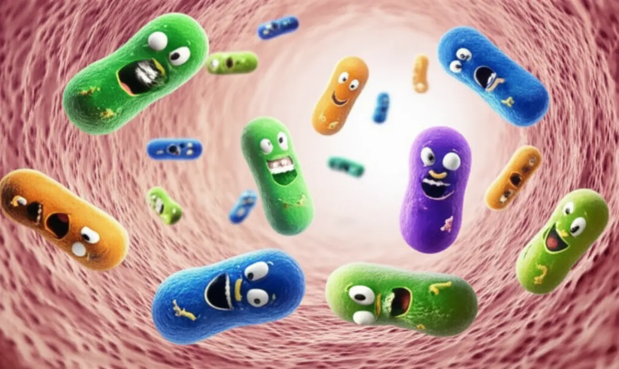 행복한-유익균들이-장-속에-살고-있는-귀여운-3D-이미지,-배경에는-빛나는-피부-질감