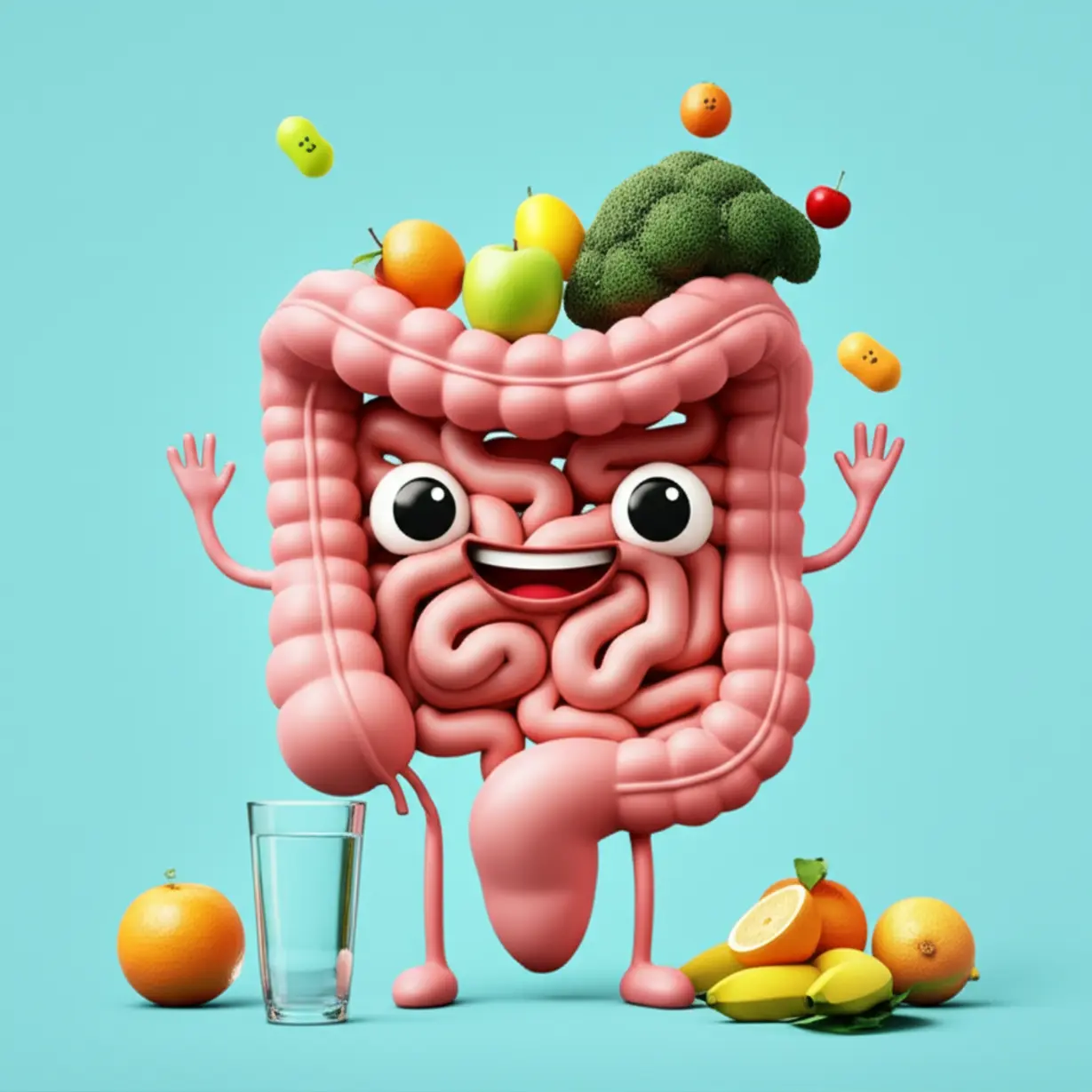 작은-행복한-박테리아들이-있는-귀여운-3D-장,-신선한-과일과-물-한-잔으로-둘러싸여-있습니다.