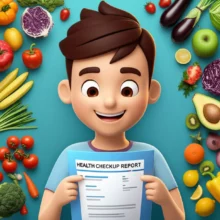 A-happy-3D-character-looking-at-a-good-health-report,-surrounded-by-healthy-food-and-exercise-equipment.