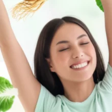 A-cute-3D-image-of-a-person-with-a-satisfied-smile,-feeling-light-and-energetic-after-drinking-a-healthy-green-juice,-stretching-happily,-surrounded-by-floating-cabbage-leaves-and-wild-ginseng-roots-in-a-bright,-clean-background.