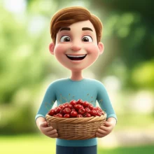 신선한-체리-바구니를-든-행복한-사람,-건강한-여름의-기운.