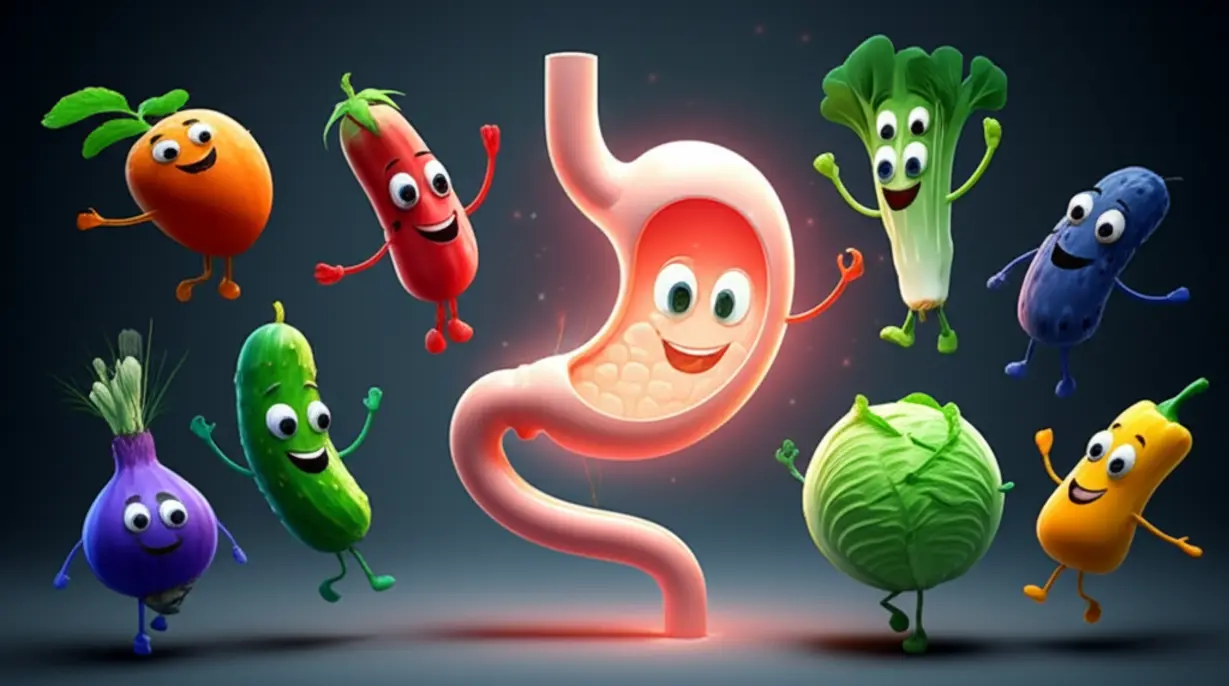 신선하고-생기-넘치는-채소와-과일(양배추,-오이,-블루베리-등)이-건강하게-빛나는-위장-주변에서-즐겁게-춤추는-모습,-치유-식단을-상징함