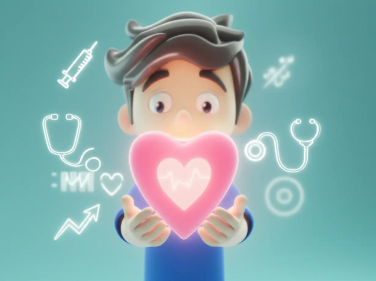 명랑한-사람이-빛나는-하트를-들고-있고,-긍정적인-상승-그래프와-귀여운-의료-상징들(청진기,-주사기-등)이-주변을-둘러싸고-있는-이미지로-좋은-건강-상태를-나타냄.