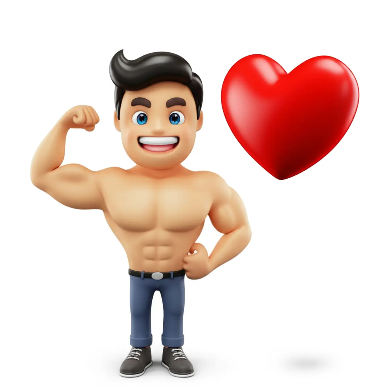 A-robust-and-healthy-3D-cartoon-character-flexing-their-arm-confidently,-with-a-floating-heart-icon,-representing-strong-internal-health-and-well-being.