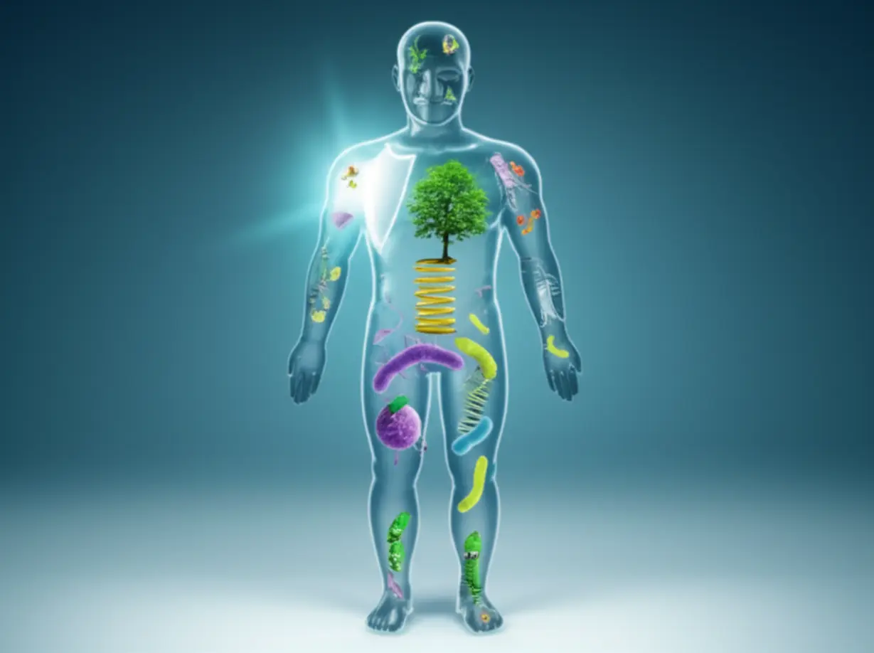 Happy-microbes-inside-a-human-silhouette,-boosting-immunity,-fighting-cancer,-and-supporting-joints