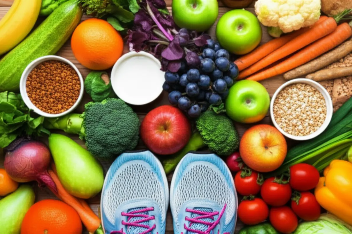 A-cute-3D-illustration-of-a-kitchen-counter-with-healthy-foods-and-walking-shoes,-representing-healthy-habits.