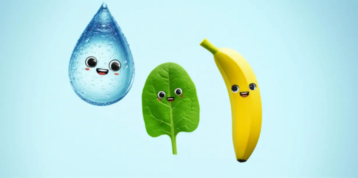 근육-건강을-위한-균형-잡힌-영양과-수분-섭취를-상징하는-물방울,-바나나,-시금치