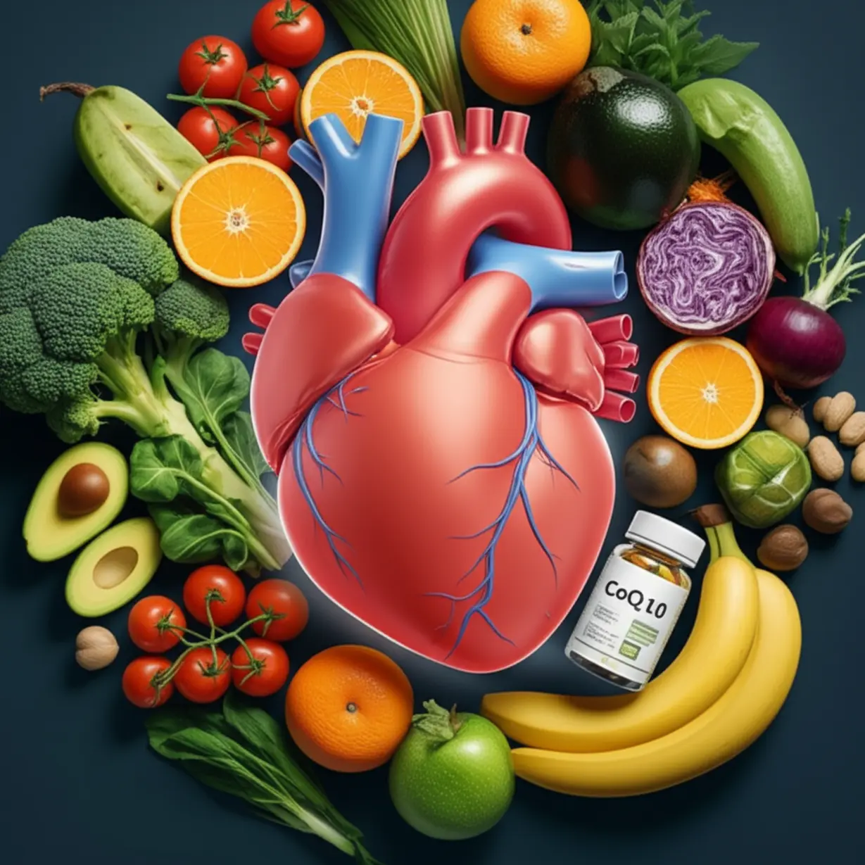 활기찬-3D-심장-주위에-다양한-건강-식품과-영양제(효소/코엔자임Q10-병-같은)가-놓여-있고,-모두-부드럽게-빛나는-이미지.