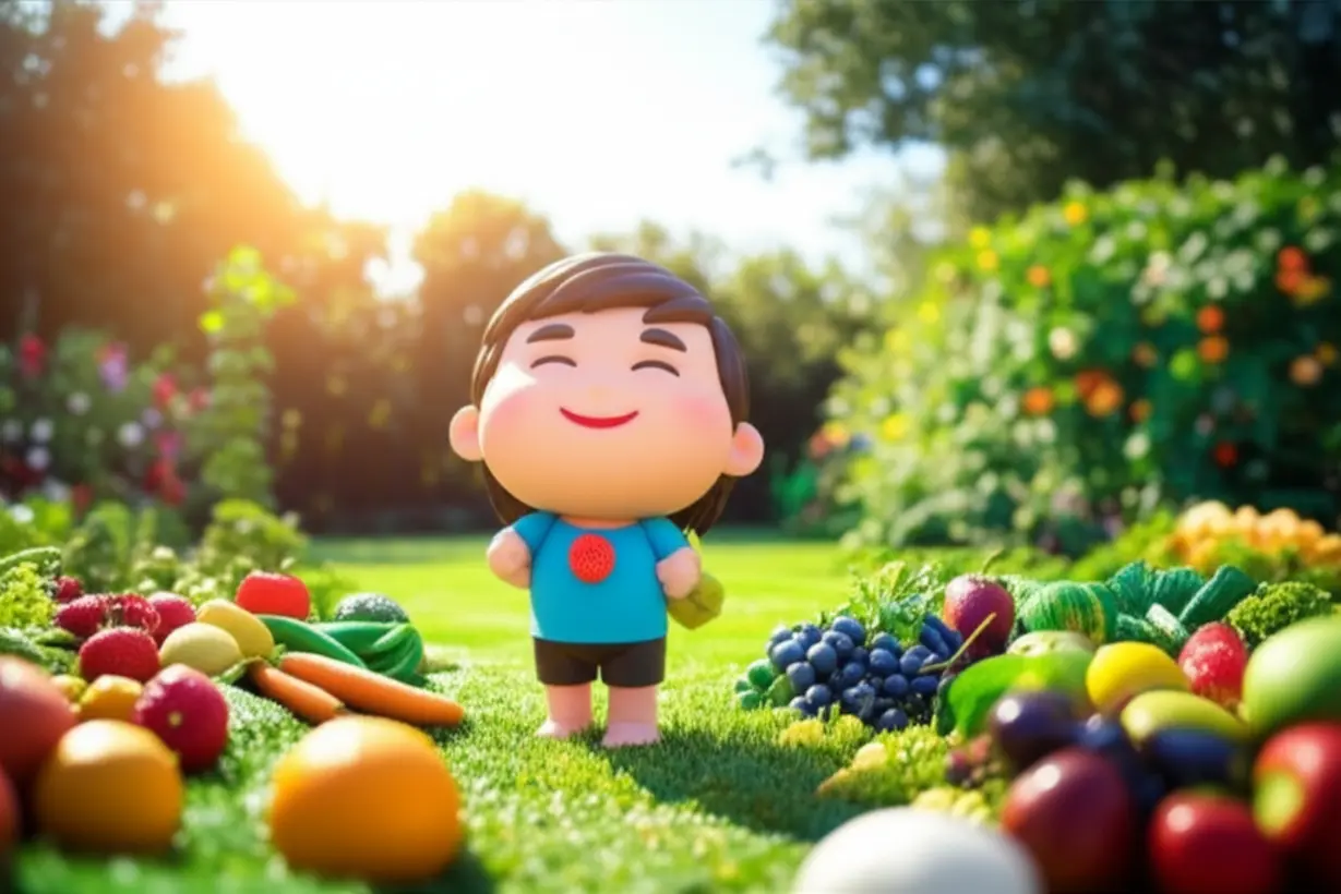 햇볕이-잘-드는-정원에서-활기찬-과일과-채소에-둘러싸여-즐겁게-스트레칭하는-귀여운-3D-건강-캐릭터