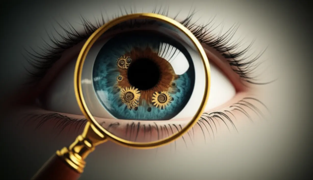 A-cute-3D-image-of-a-magnifying-glass-magnifying-a-simplified-eye,-revealing-complex-hidden-patterns,-symbolizing-the-deeper,-unseen-causes-of-a-stye.