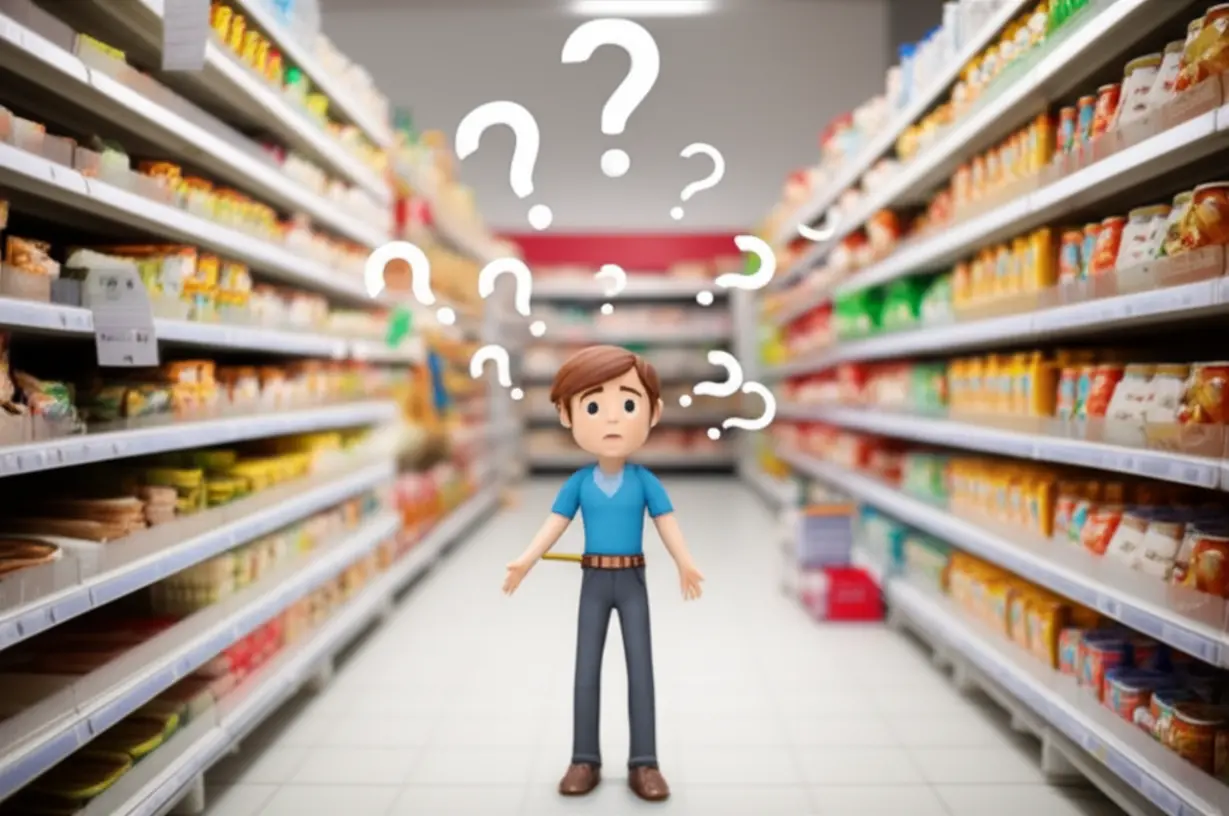 A-3D-character-looking-confused-in-a-supermarket-aisle-filled-with-processed-foods,-indicating-the-hidden-culprits-of-triglycerides.