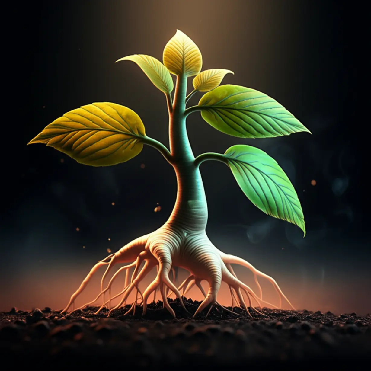 A-3D-illustration-of-a-plant-with-tangled-roots-and-dark-mist,-representing-unseen-internal-metabolic-and-hormonal-issues-leading-to-aging.