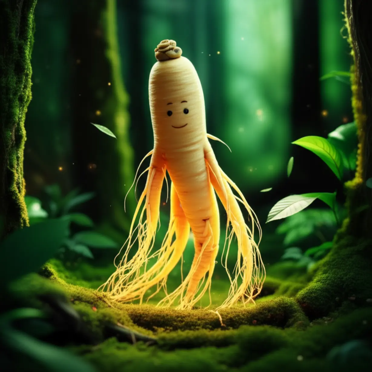 빛을-발하는-생기-넘치는-인삼-뿌리가-푸른-숲-속에-우뚝-서-있고,-은은한-마법-같은-빛에-둘러싸인-귀여운-3D-이미지