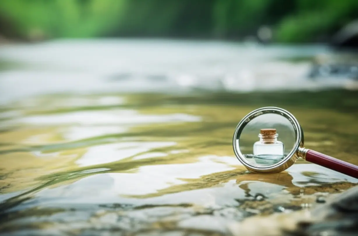 잔잔한-시냇물에-떠-있는-병-속의-비밀-메시지와-돋보기