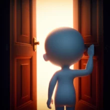 A-cute-3D-character-looking-curiously-at-a-glowing-door,-representing-hidden-health-secrets.
