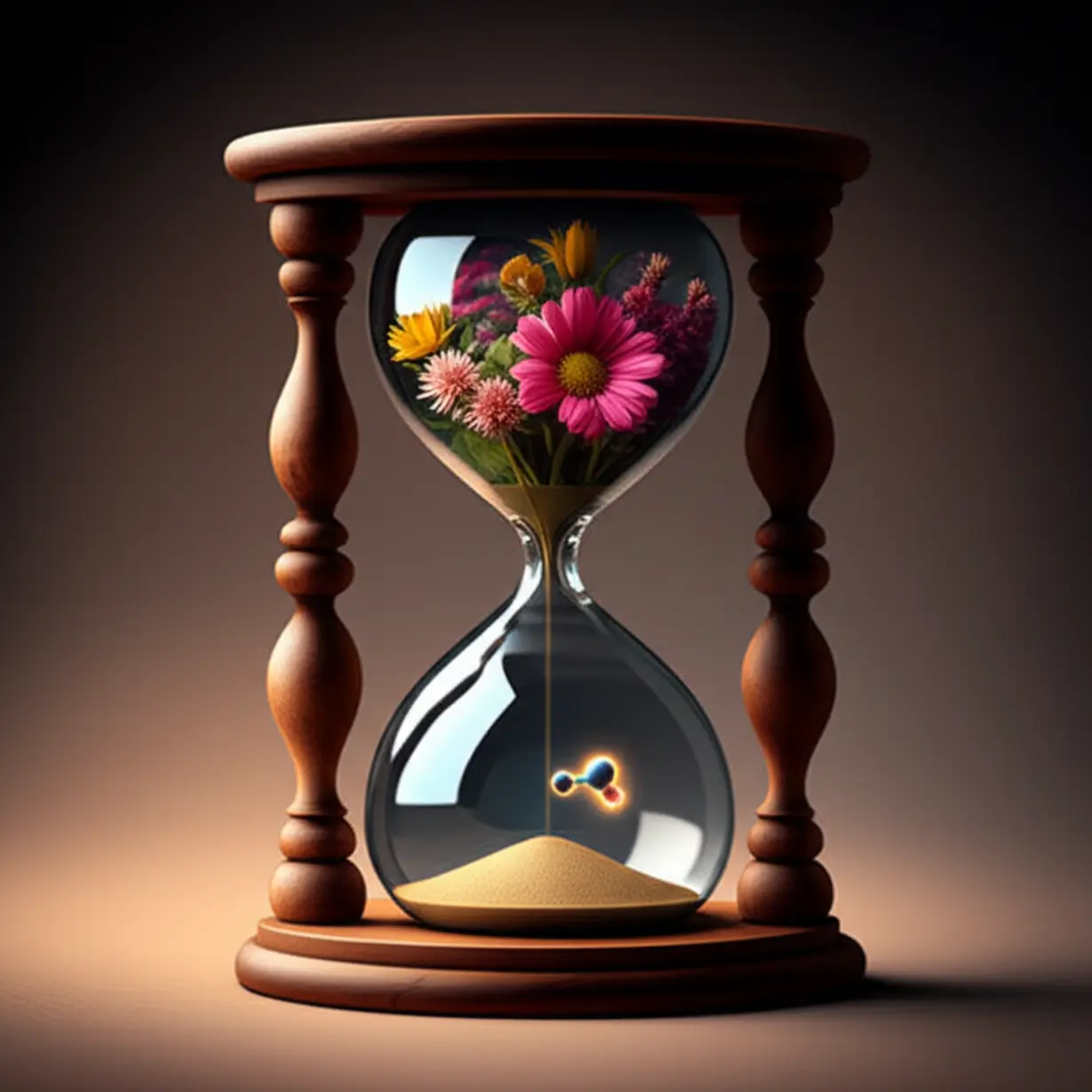 한쪽에서는-모래가-흐르고-다른-한쪽에서는-꽃이-피어나는-상징적인-모래시계,-숨겨진-불균형과-잠재력을-나타냅니다.