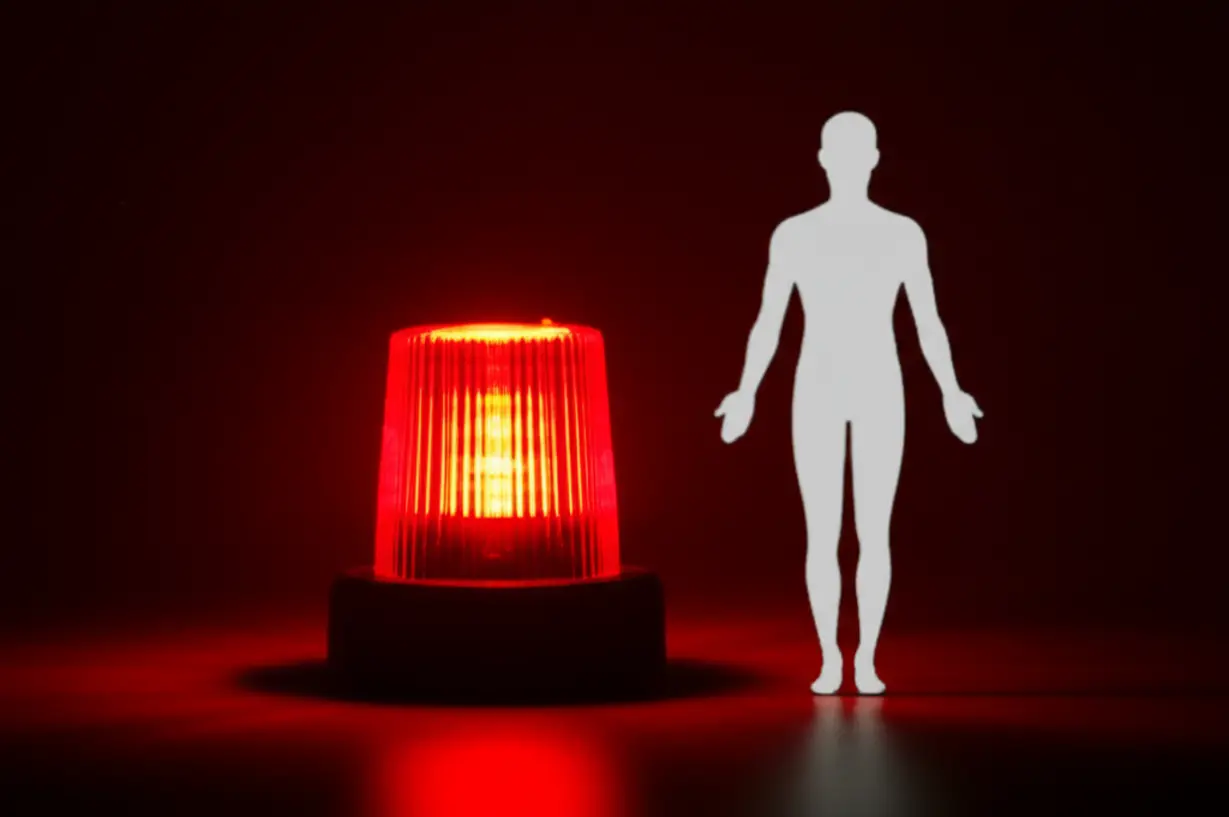 인체-실루엣-옆에서-깜빡이는-작은-빨간색-경고등,-몸이-보내는-숨겨진-신호를-나타냄.