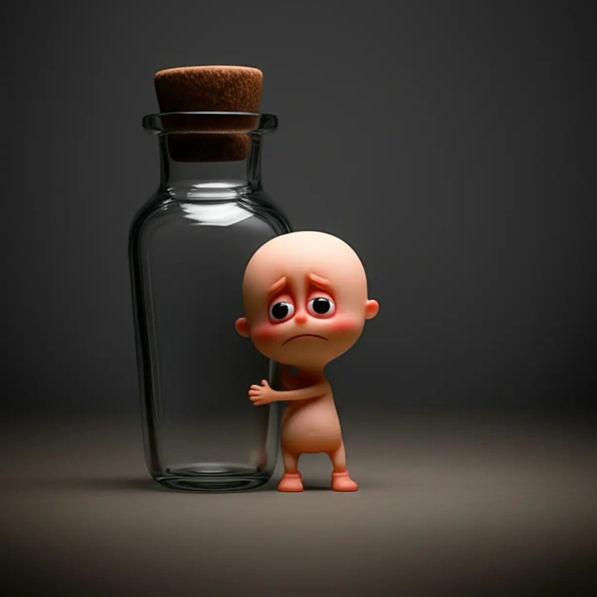 A-cute-3D-character-with-a-sad-expression,-trying-to-conceal-itself-behind-a-giant-bottle,-illustrating-emotional-escape-through-alcohol.