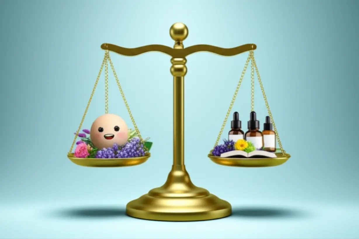 A-cute-3D-illustration-of-a-balanced-scale,-showing-a-joyful-character-on-one-side-and-a-variety-of-herbal-remedies-and-a-book-on-the-other,-representing-comprehensive-wellness.