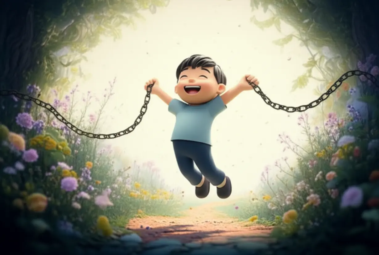 A-cute-3D-character-joyfully-stretching-and-breaking-free-from-invisible-constraints,-with-gentle-herbal-elements-floating-around,-symbolizing-liberation-and-natural-healing.