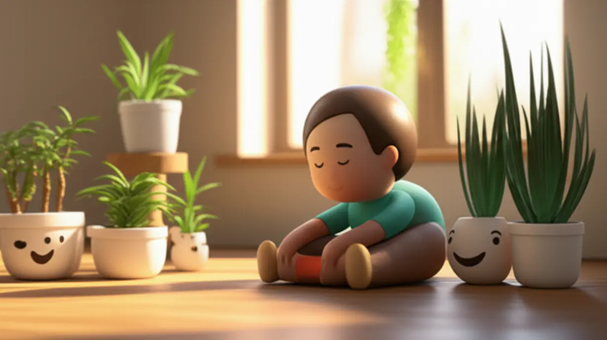 평화로운-햇살-가득한-방에서-사람이-부드럽게-스트레칭하고-있고,-주변에-작은-행복한-식물들이-있어-전체적인-웰빙을-상징합니다.
