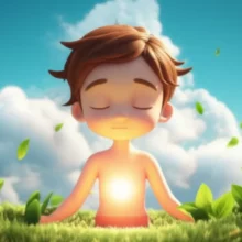 A-cute-3D-illustration-of-a-figure-radiating-peace,-surrounded-by-soft,-calming-nature,-symbolizing-inner-discovery-and-healing.