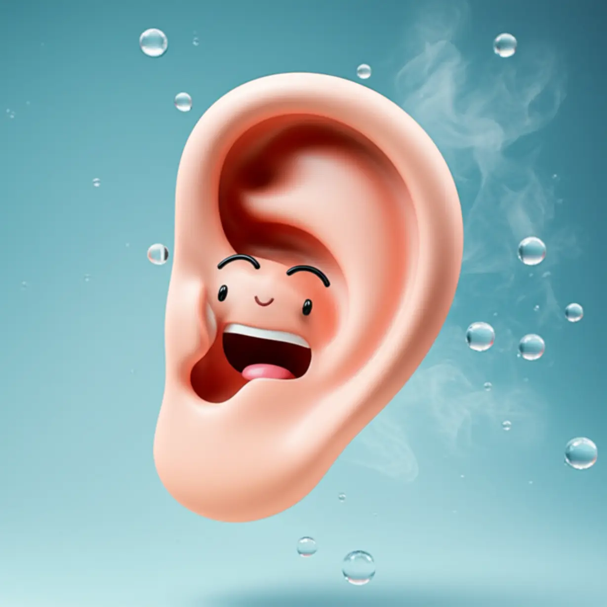 A-happy-cartoon-ear-with-water-droplets-leaving-it,-representing-quick-relief.