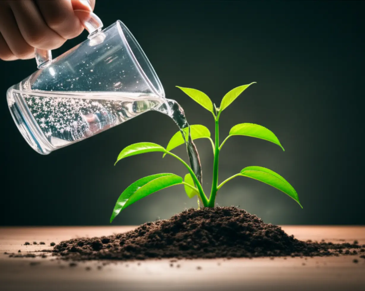 Person-pouring-sparkling-water-into-a-glowing-plant,-symbolizing-quick-recovery-and-growth.