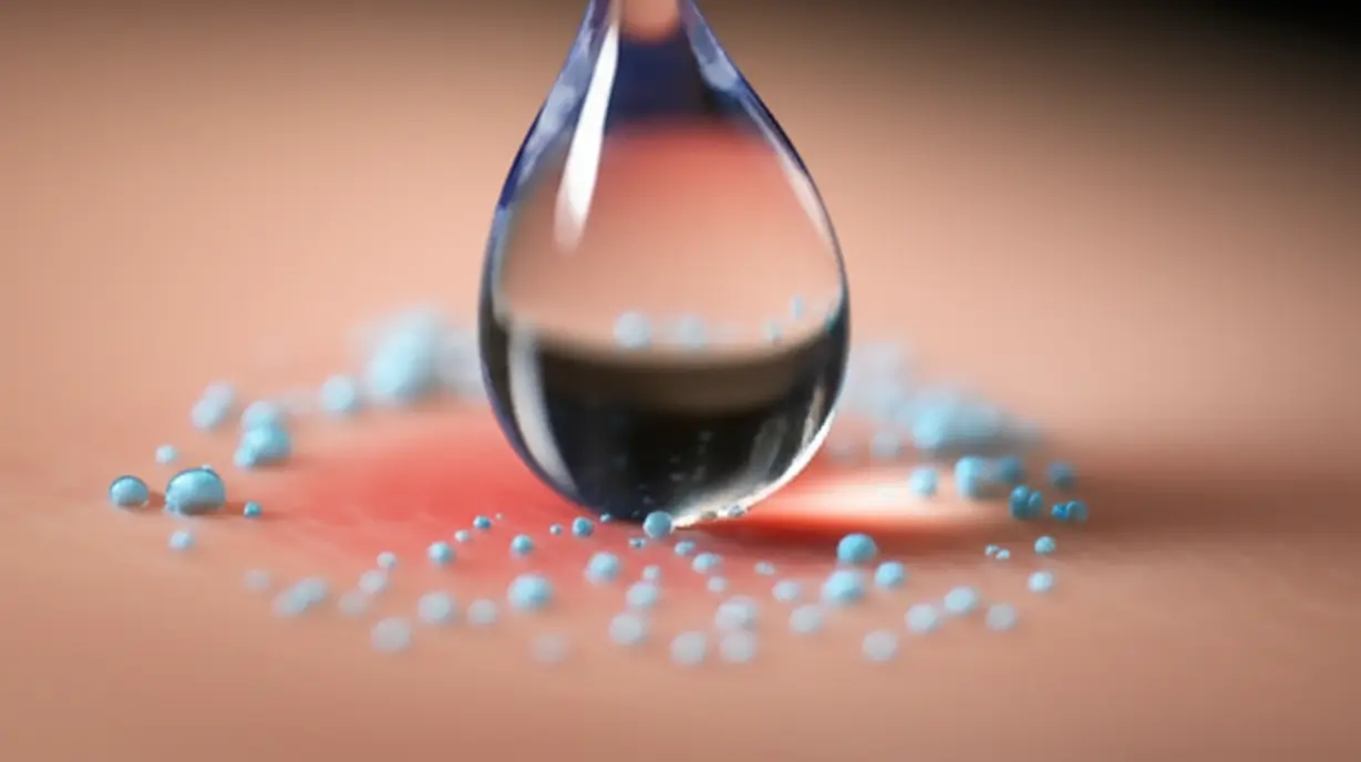 작고-붉은-염증-부위에-떨어지는-투명한-물방울과-퍼져나가는-작은-치유-거품을-보여주는-3D-이미지