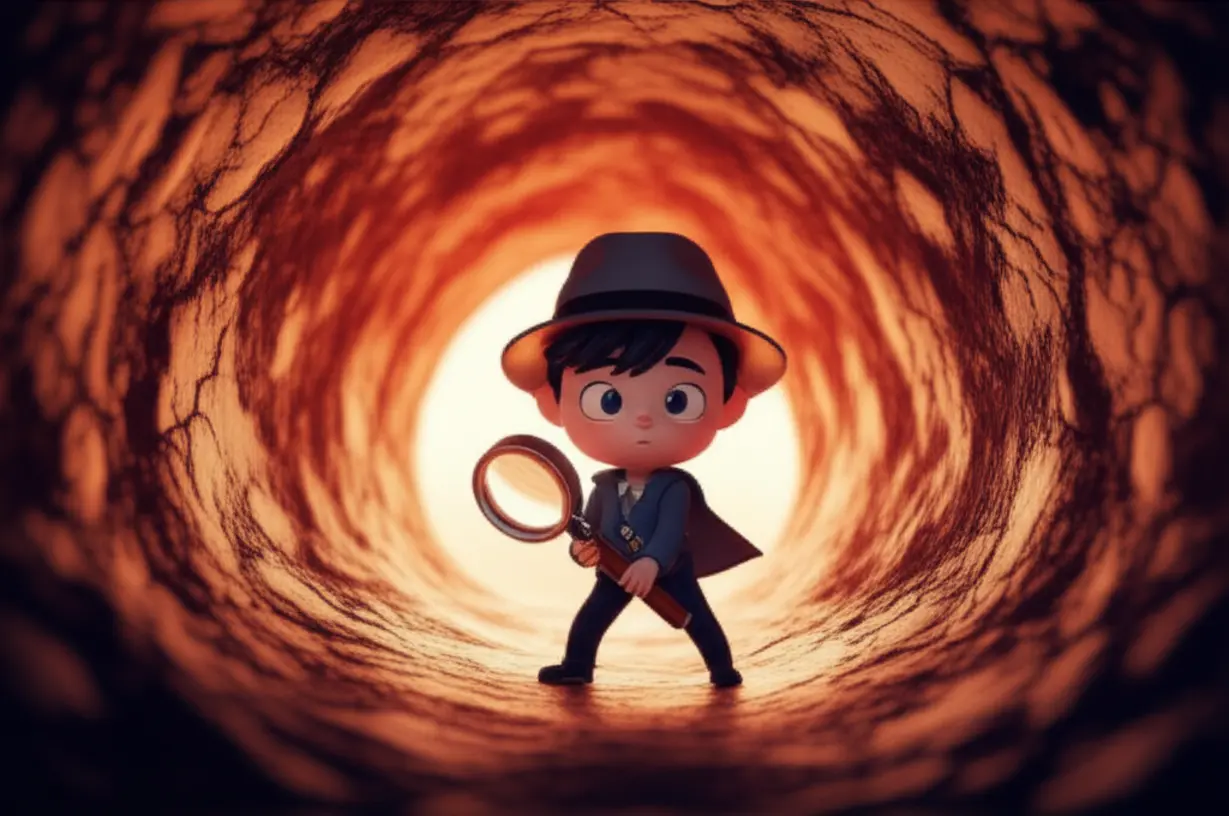 돋보기-들고-목-속을-탐험하는-귀여운-3D-탐정-캐릭터,-숨은-염증을-찾는-모습