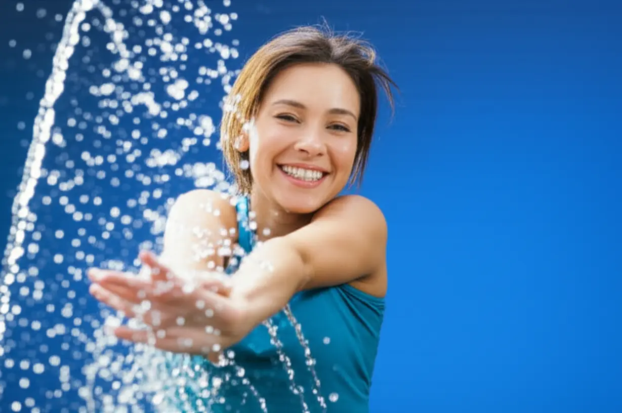 밝게-웃는-사람이-우아하게-스트레칭하며-주위에-반짝이는-물방울이-흩뿌려진-모습